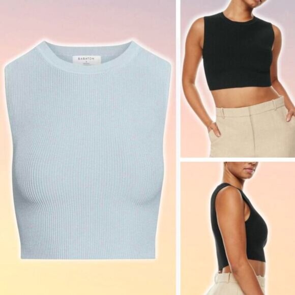 BABATON Aritzia Sculpt Knit Ribbed Muscle Cropped Tank Sz XS Light Blue - Picture 1 of 5